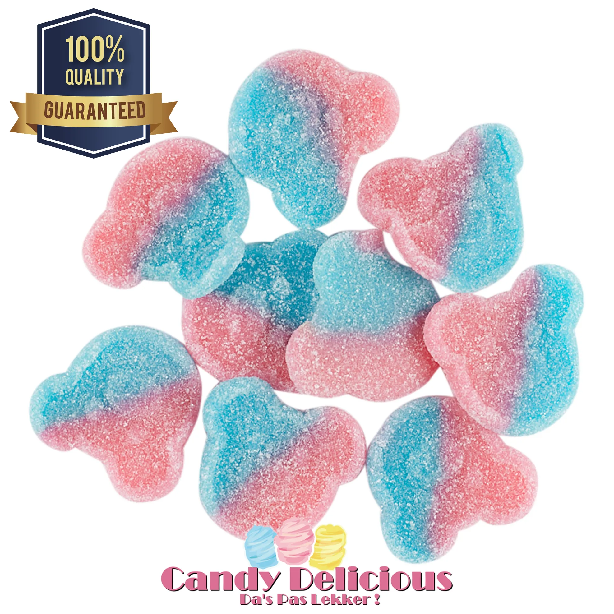 Bubblegum Teddys 100gr Detail | Kermissnoep Colorful sugar coated gummy candies in blue and pink with a 100 Quality Guaranteed badge on the left and Candy Delicious text below