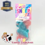 Colorful candy package with bold 'SNOEP' text and a '100% QUALITY GUARANTEED' badge on the left side; cartoon character at bottom left.