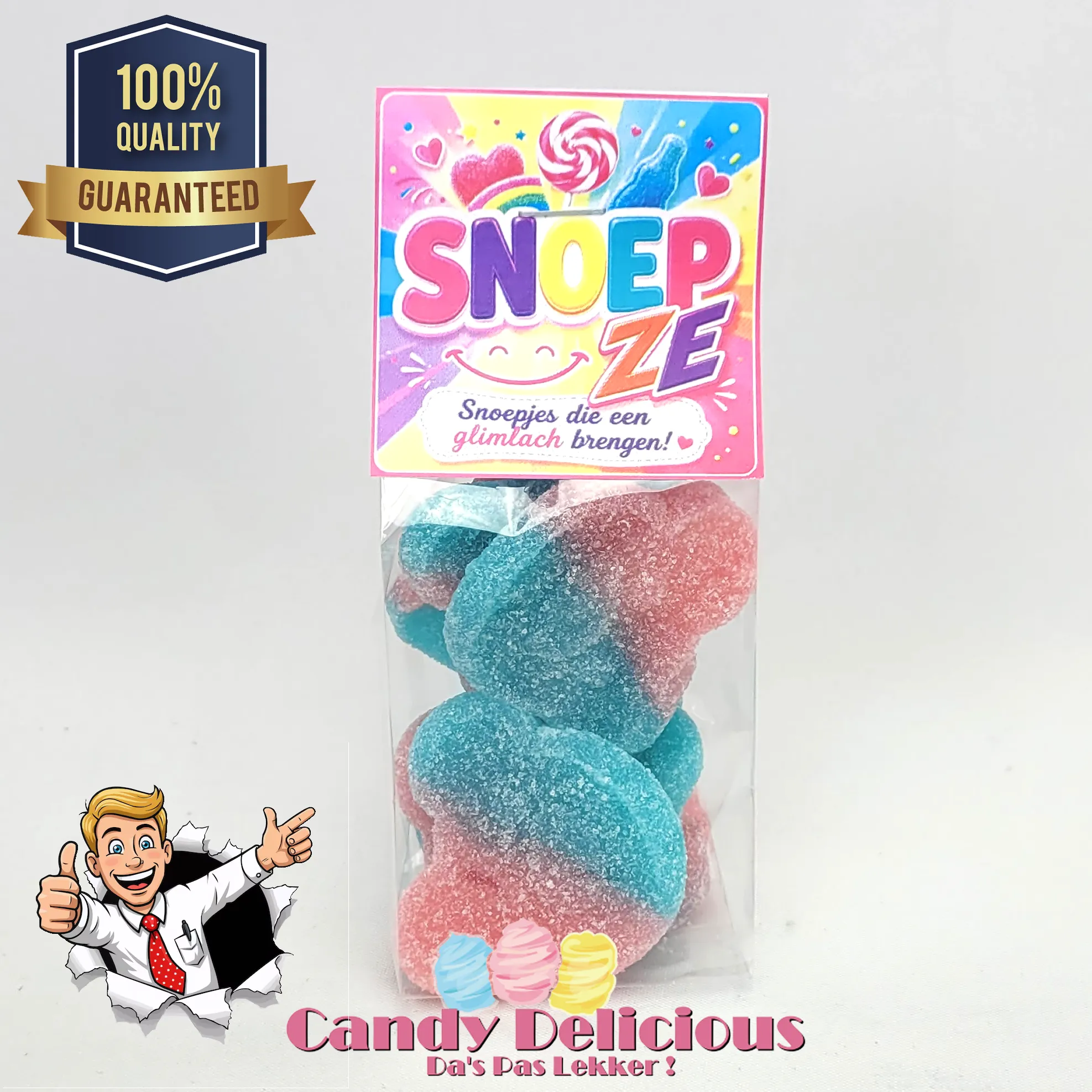 Bubblegum Teddys 100gr Snoepze | Kermissnoep Colorful candy package with bold SNOEP text and a 100 QUALITY GUARANTEED badge on the left side cartoon character at bottom left